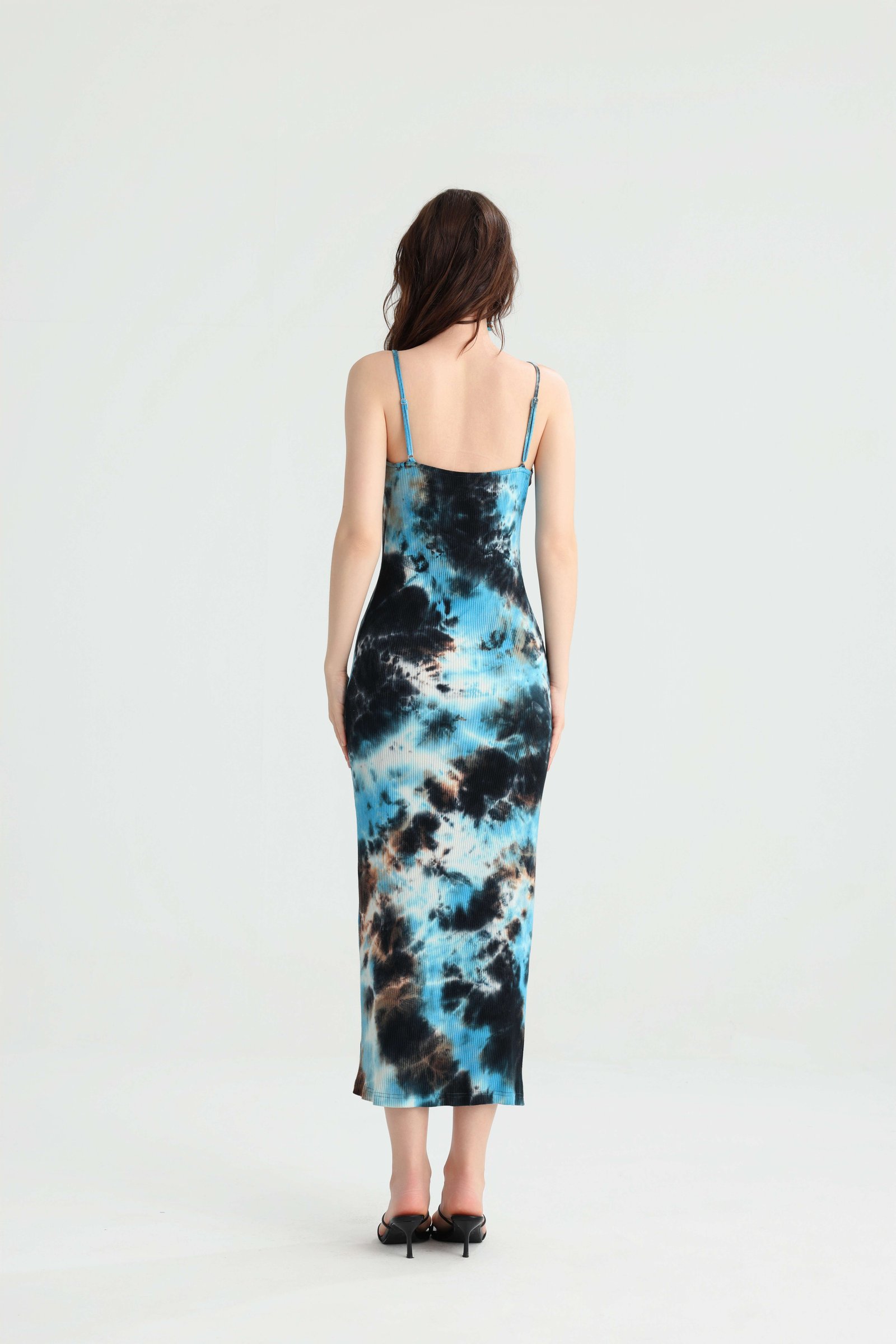 Back view of the blue tie-dye spaghetti strap dress