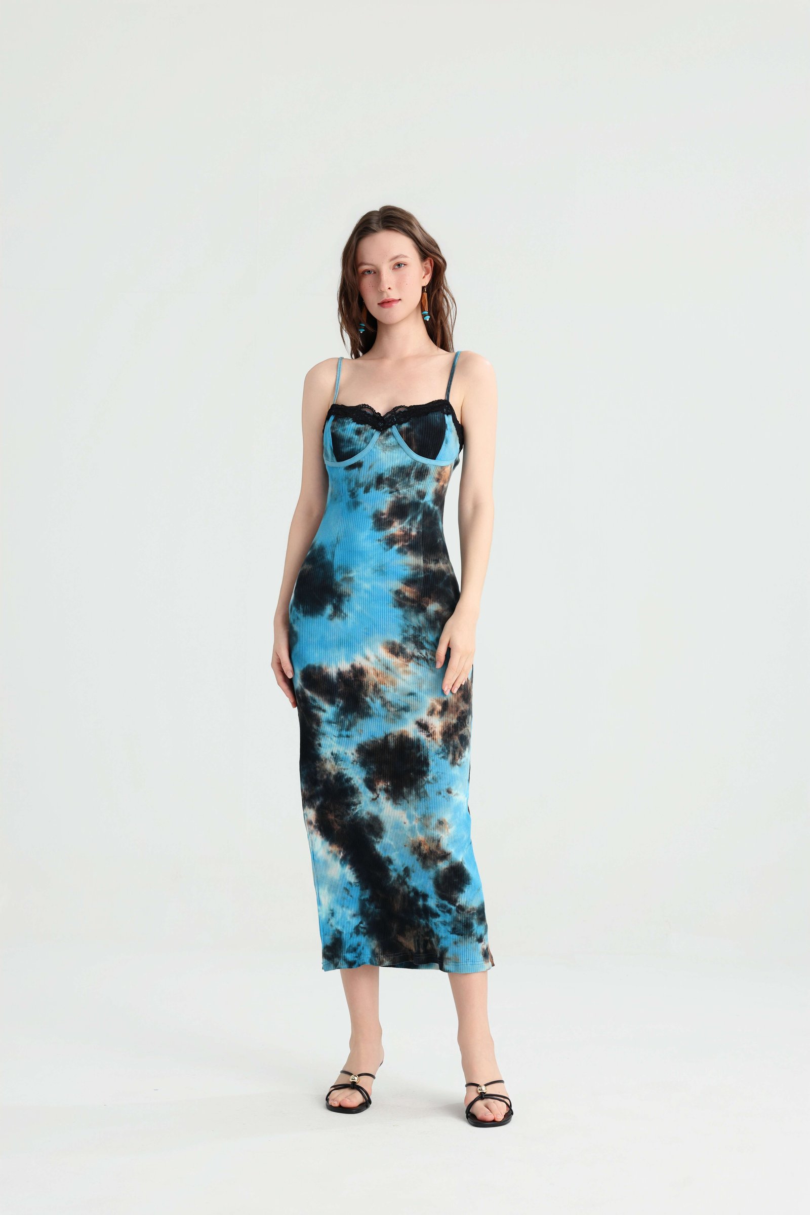 Blue tie-dye slip midi dress with black lace trim