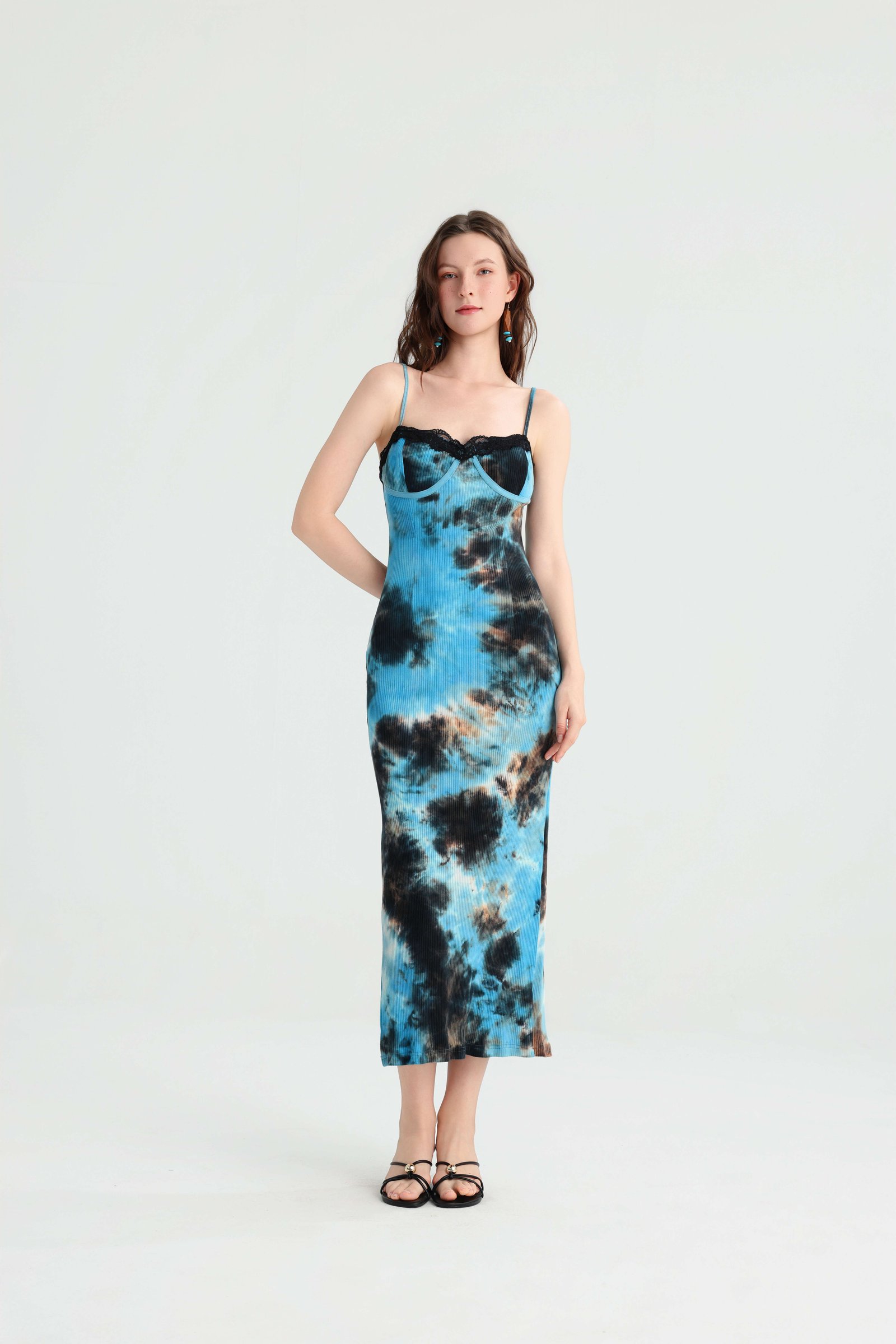 Full-length front view of the lace-trim tie-dye midi dress