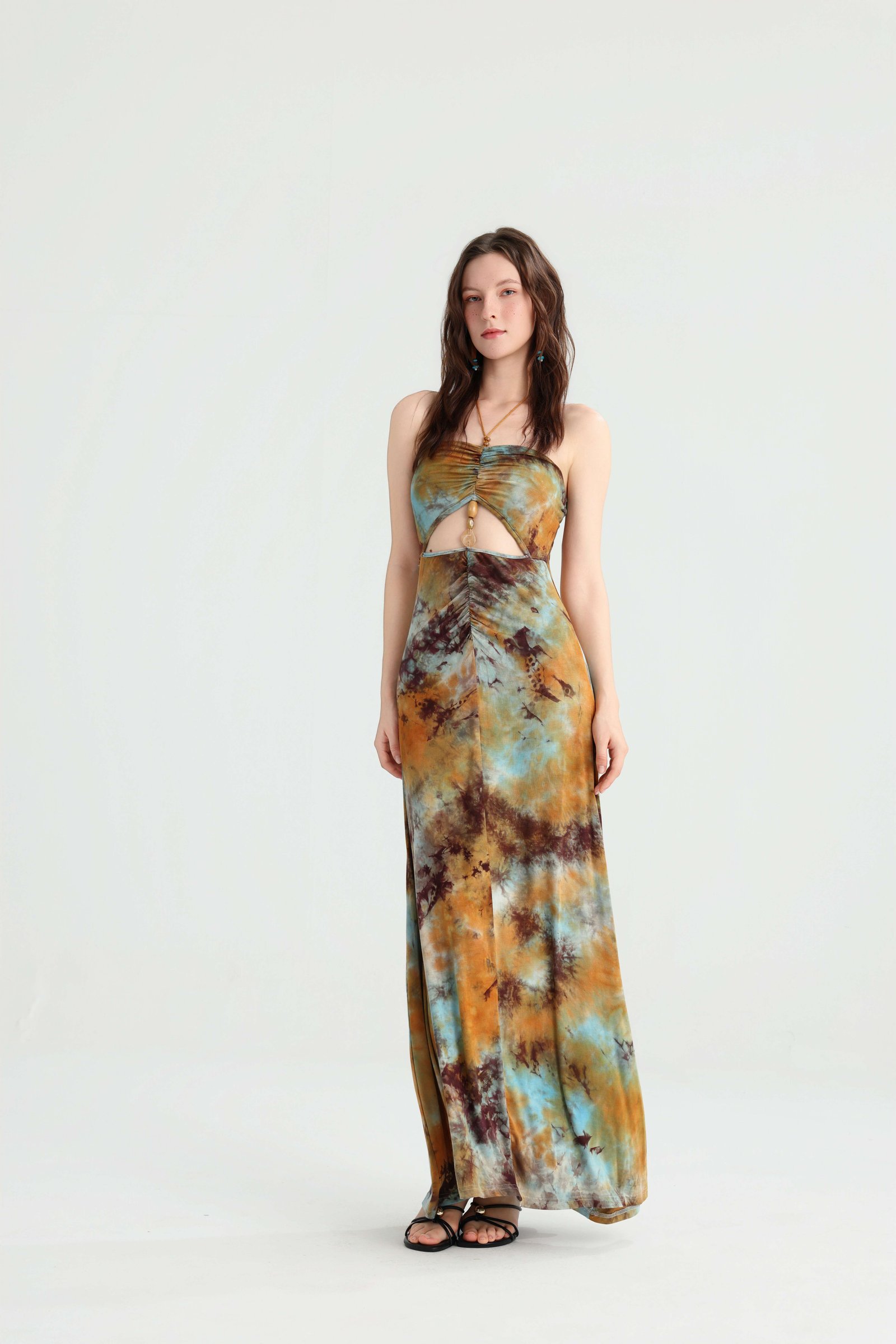 Tie-dye strapless maxi dress front view