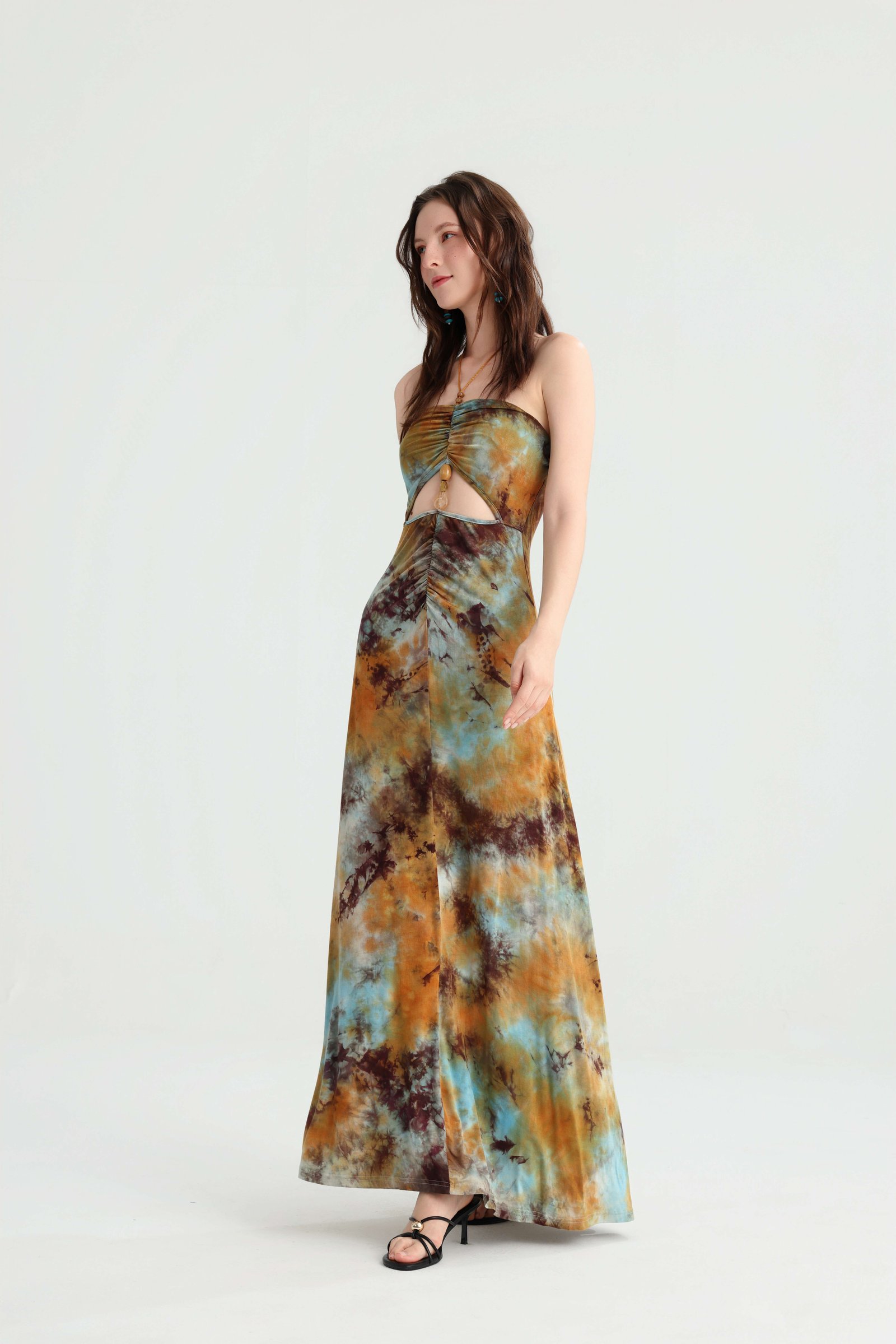 Tie-dye strapless maxi dress side view