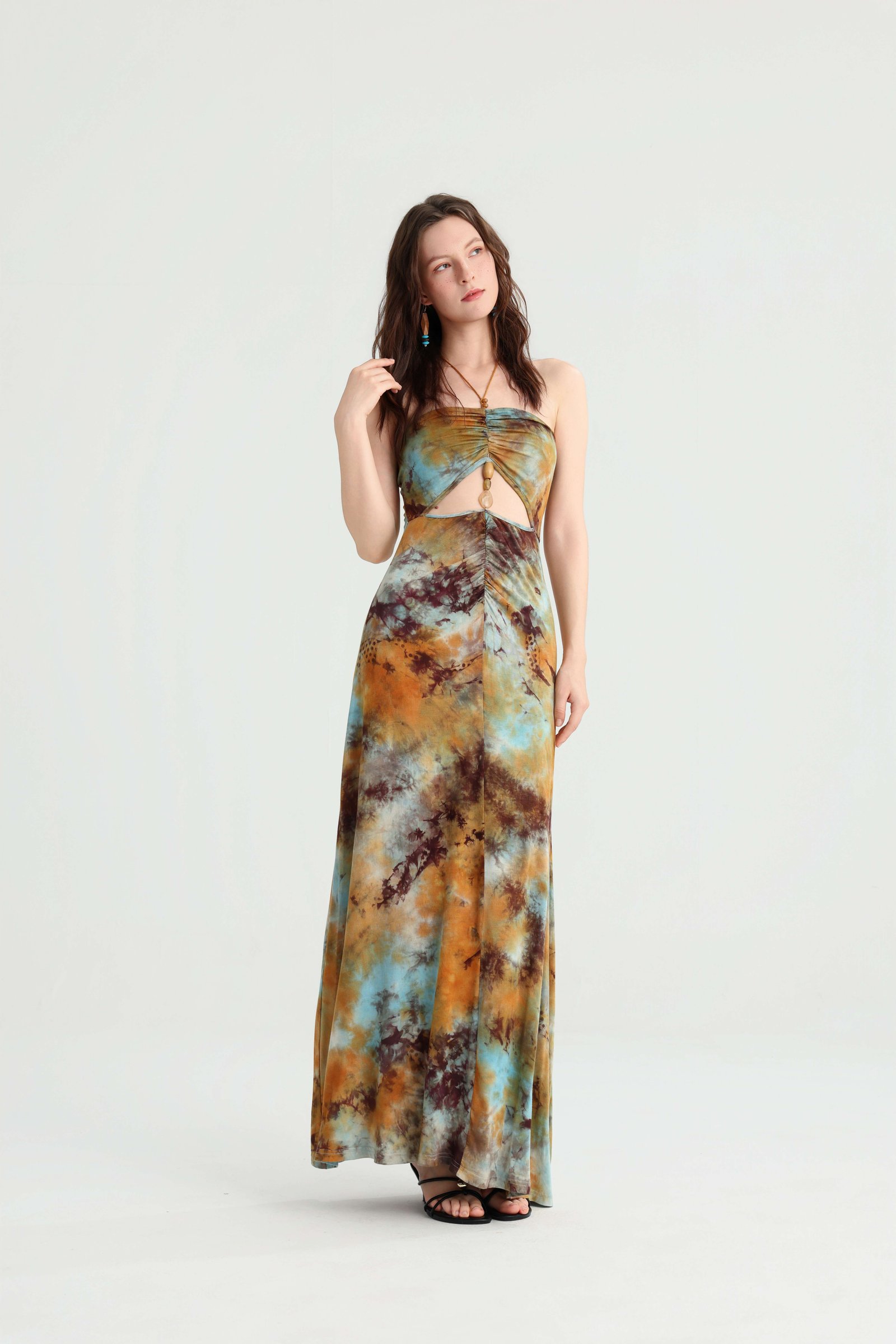 Strapless neckline detail on tie-dye maxi dress