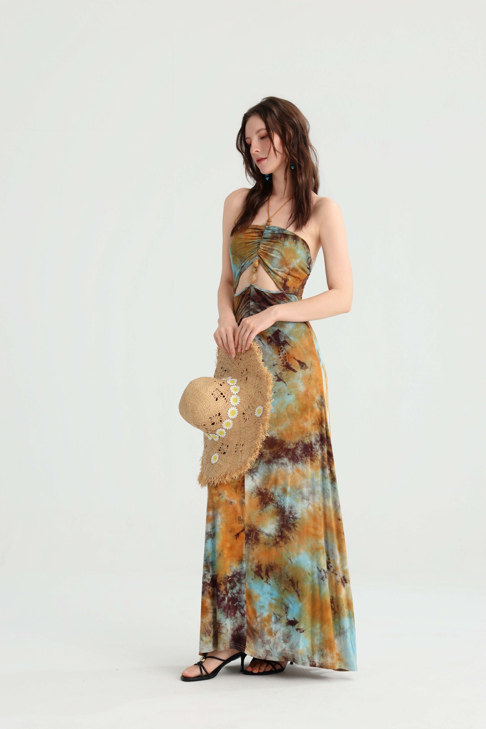 Tie-Dye Strapless Maxi Dress with Gold Beads, alternate view