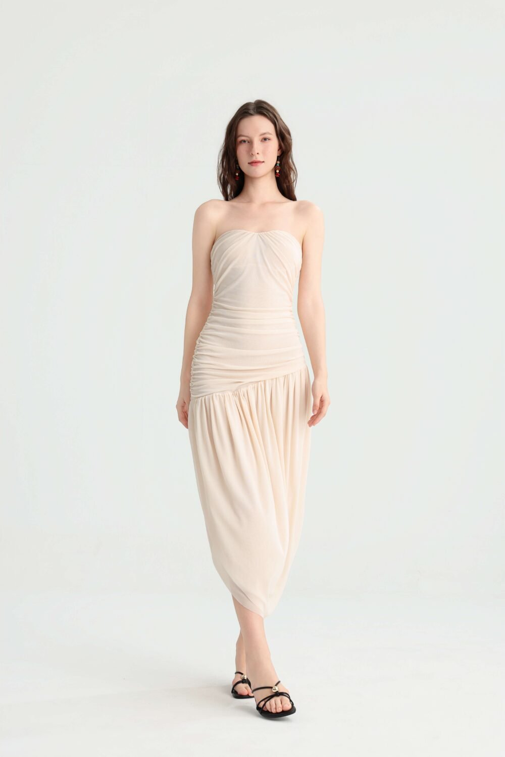 Cream strapless ruched midi dress with asymmetric hem