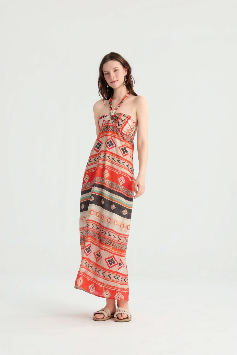 Geometric print halter maxi dress front view