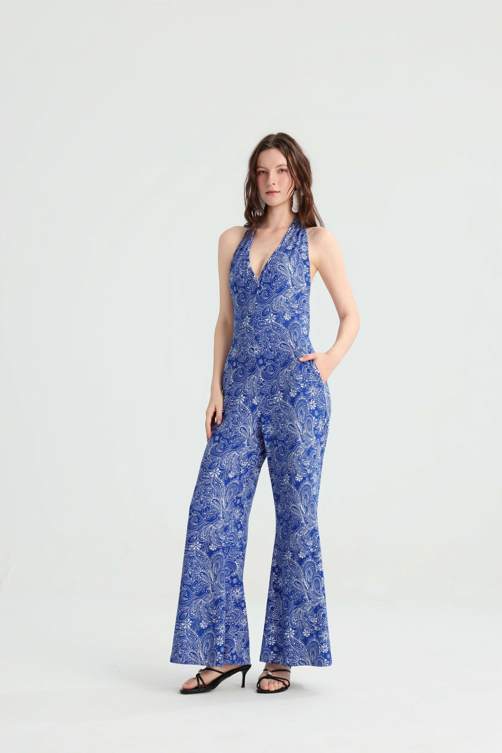Blue paisley halter jumpsuit with wide legs