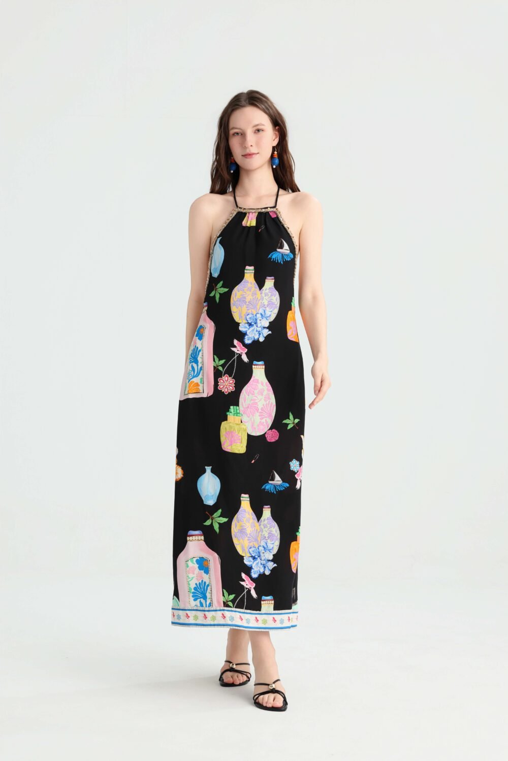 Front view of a black art print A-line maxi dress