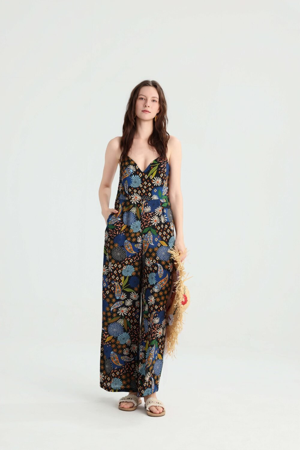 Front view of a black floral wide leg jumpsuit