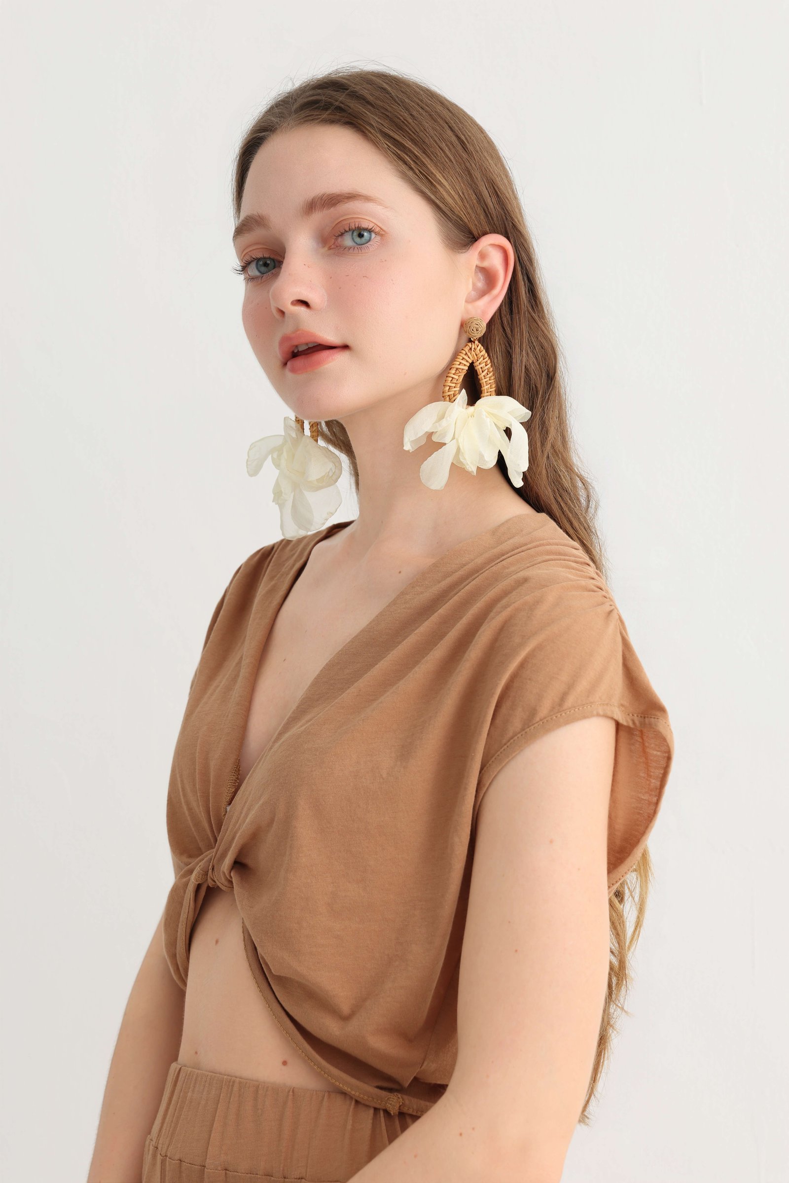 Close-up of the camel twist-front crop top